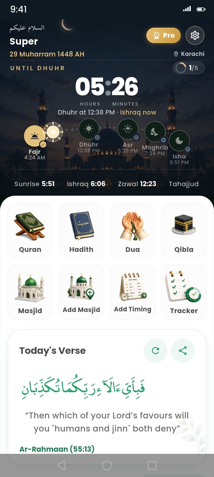 Al-Noor Islam home screen with next prayer time and quick access tiles