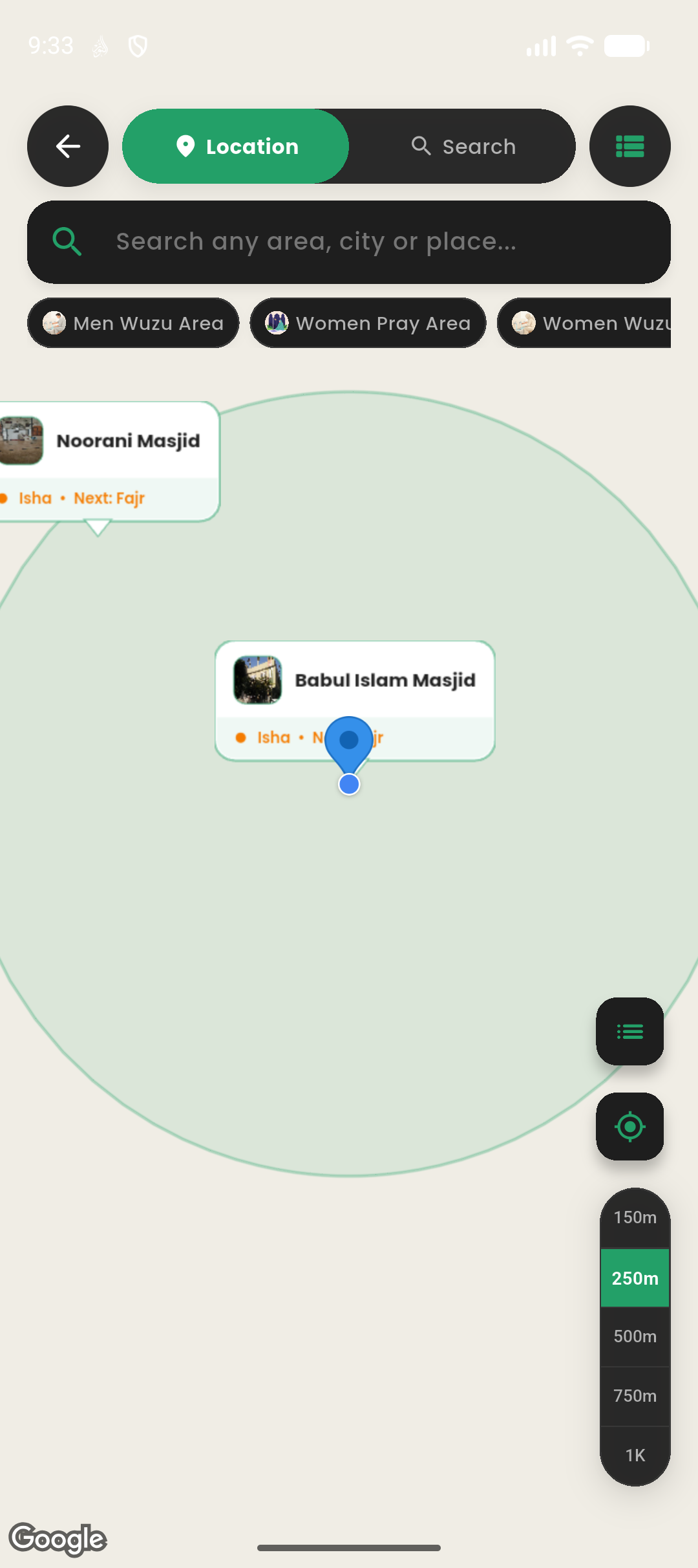 Al-Noor Islam masjid finder map showing nearby masjids
