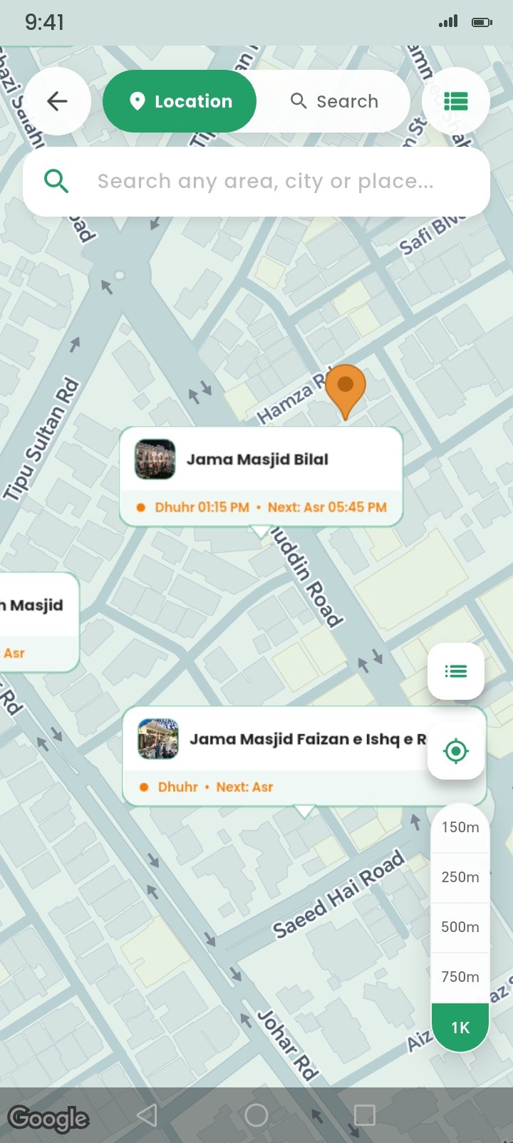Al-Noor Islam masjid finder map showing a nearby masjid with its jamaʿah times
