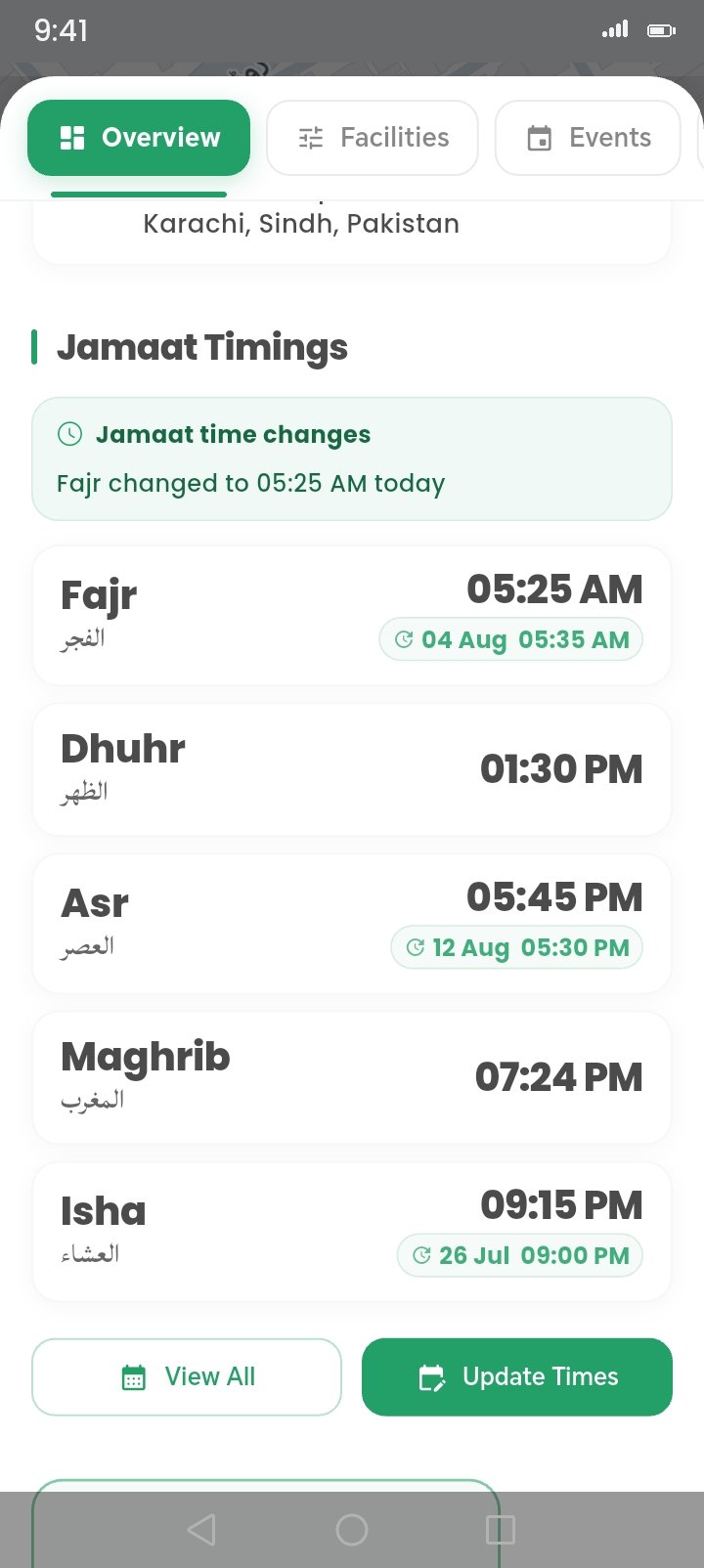 Jamaʿah timings — Fajr to Isha jamaʿah times set by the masjid itself — with upcoming changes announced ahead of time.