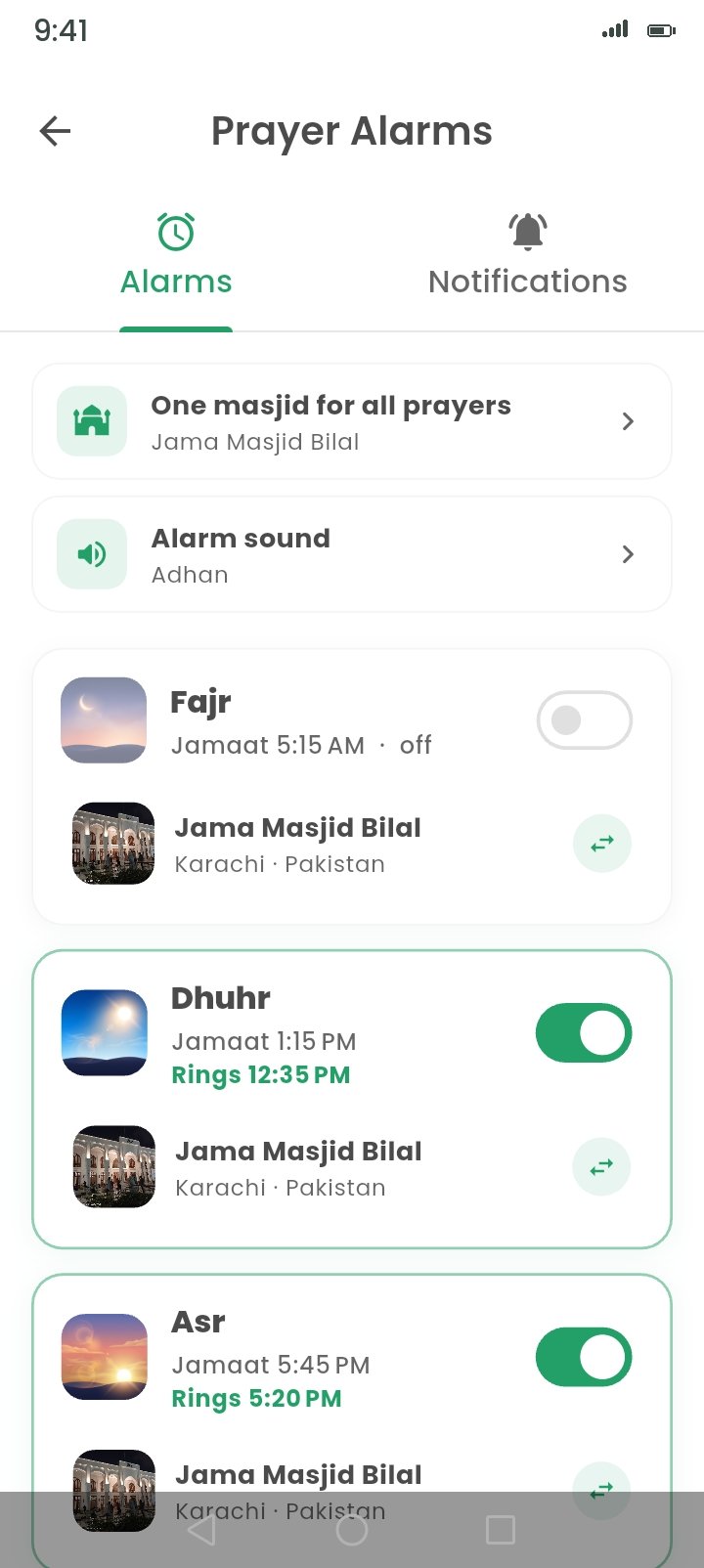 Al-Noor Islam prayer alarms screen with per-prayer adhan alarms and reminders