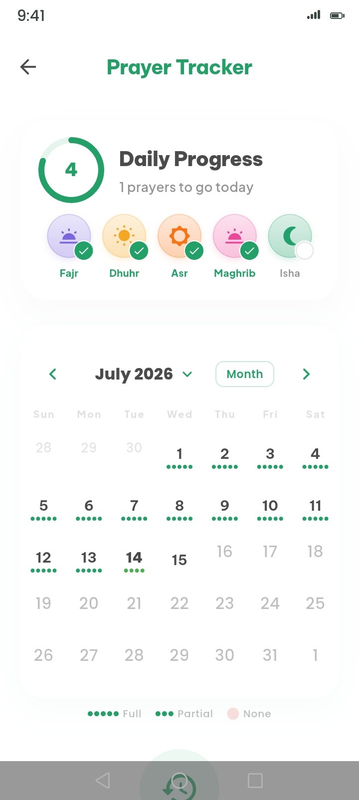 Prayer tracker — Log every salah, watch your consistency on the monthly calendar, and quietly work down missed prayers with the qaza tracker.