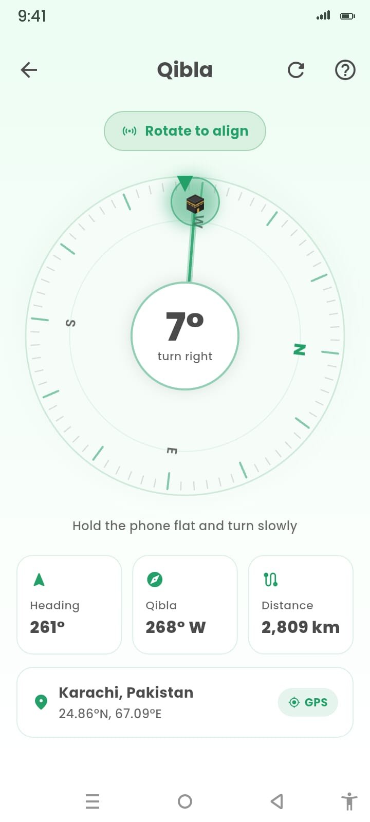Qibla compass — A precise compass that points to the Kaaba using your device sensors, with your heading, angle and distance to Makkah.