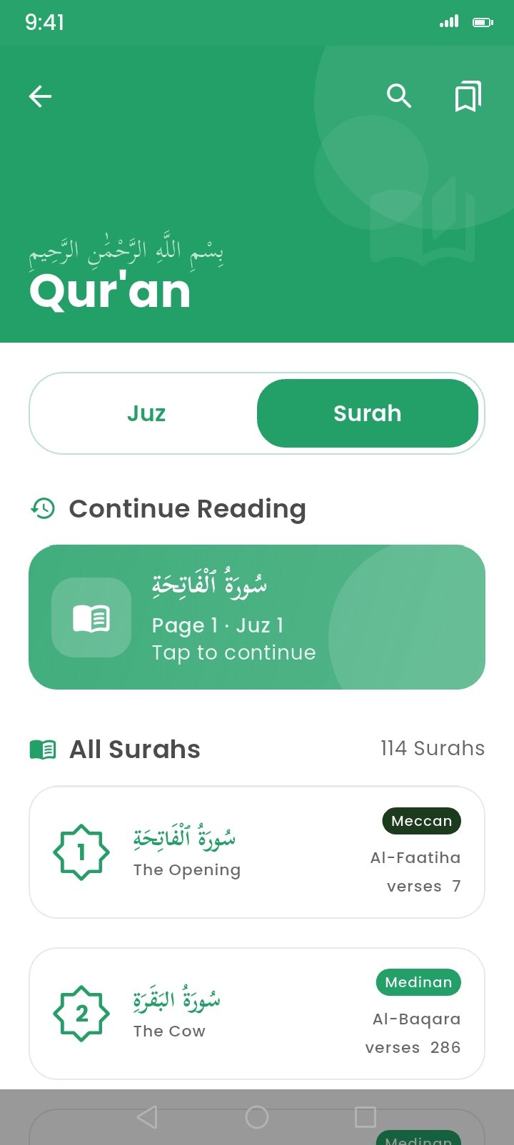 Browse the Quran — All 114 Surahs in Uthmani and IndoPak scripts, browsable by Surah or by Juz, with your bookmarks kept in sync.