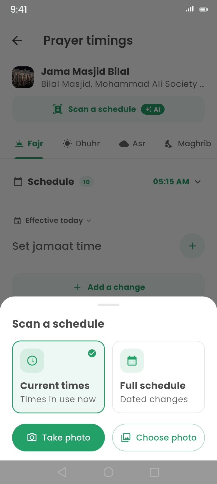 Scan a schedule — Photograph a printed masjid timetable and AI extracts every jamaʿah time into the app in seconds.